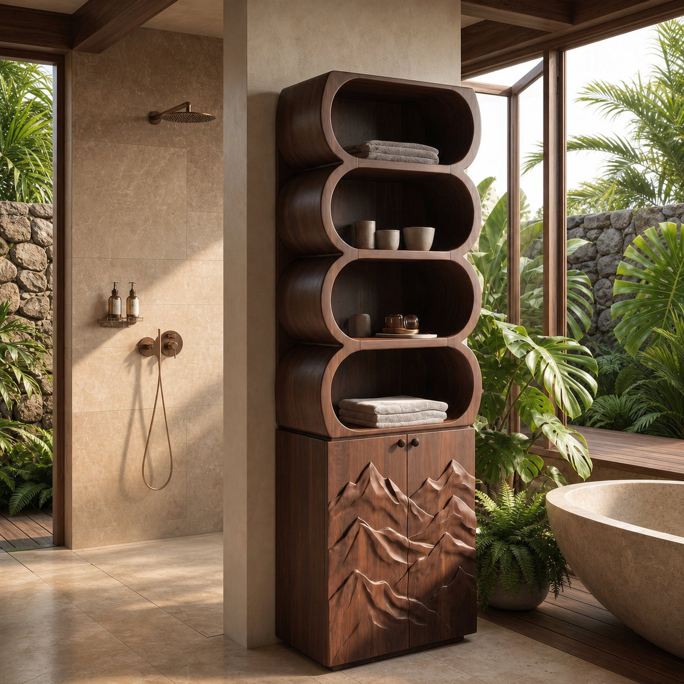 Minimal Bathroom Cabinet With Rounded Shelves And Sculpted Wooden Door - product view 7