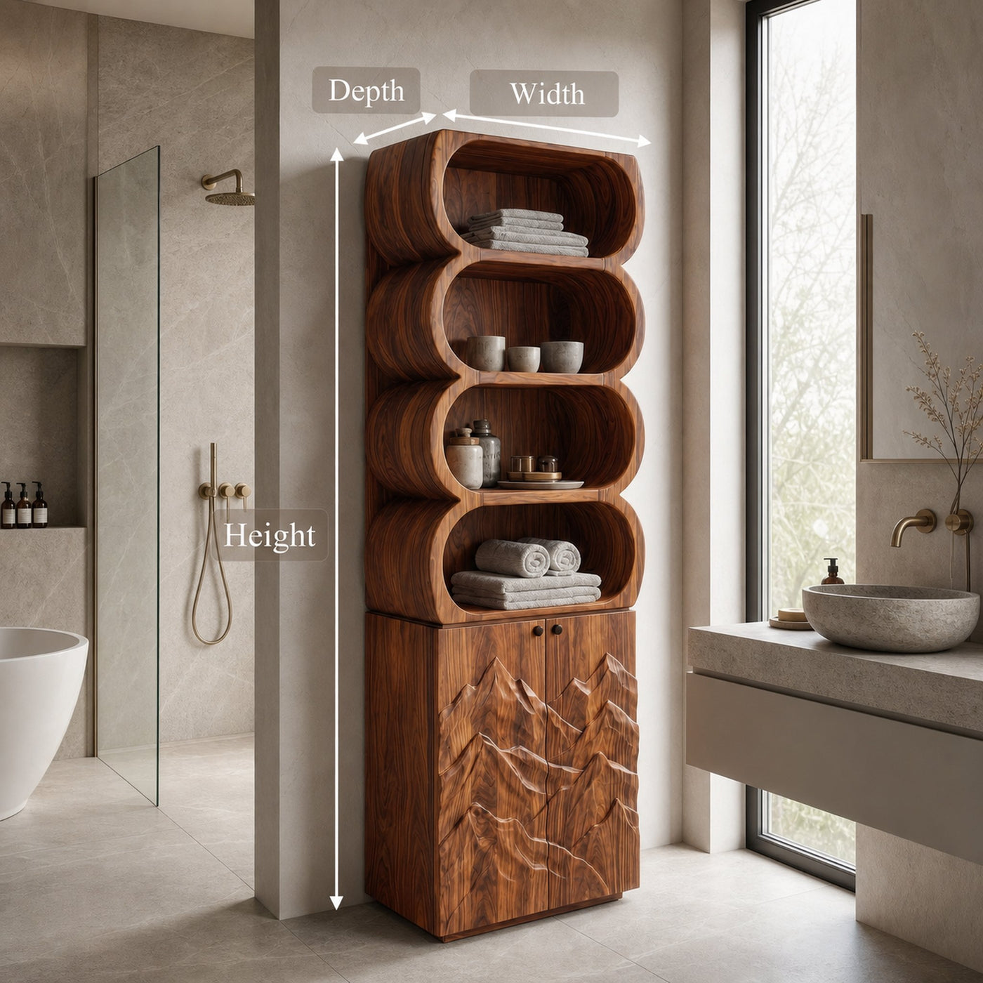 Minimal Bathroom Cabinet With Rounded Shelves And Sculpted Wooden Door - product view 8