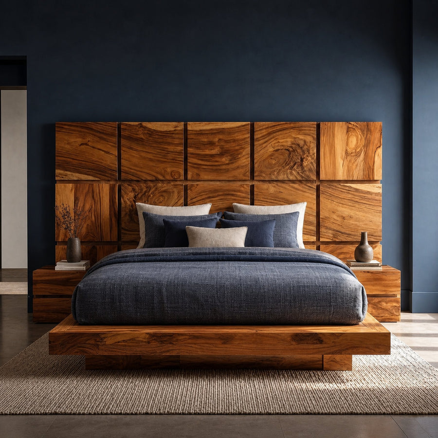 Minimal Grid Wood Headboard For Dark Contemporary Bedroom