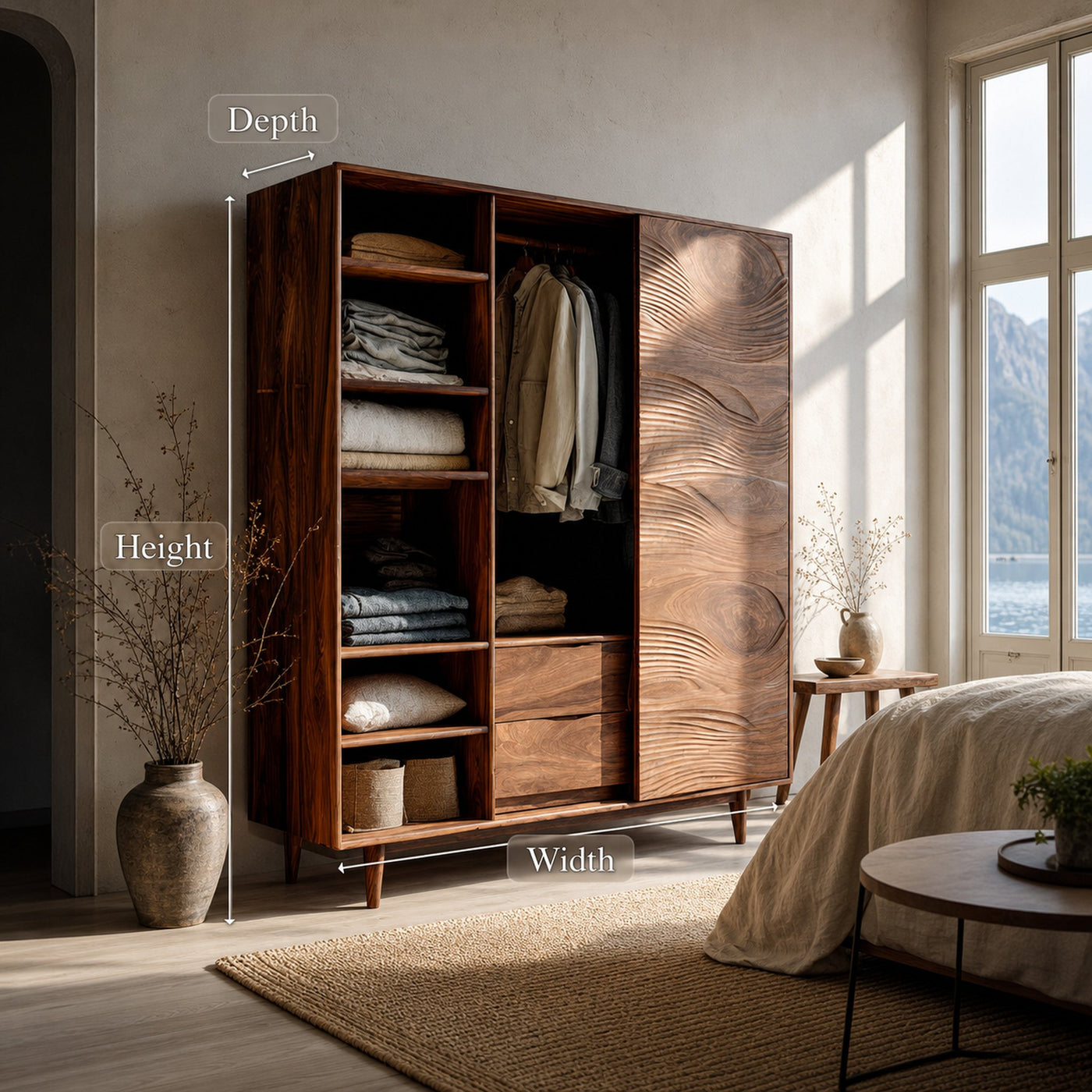 Minimal Wardrobe With Carved Front For Bedroom Space - product view 6
