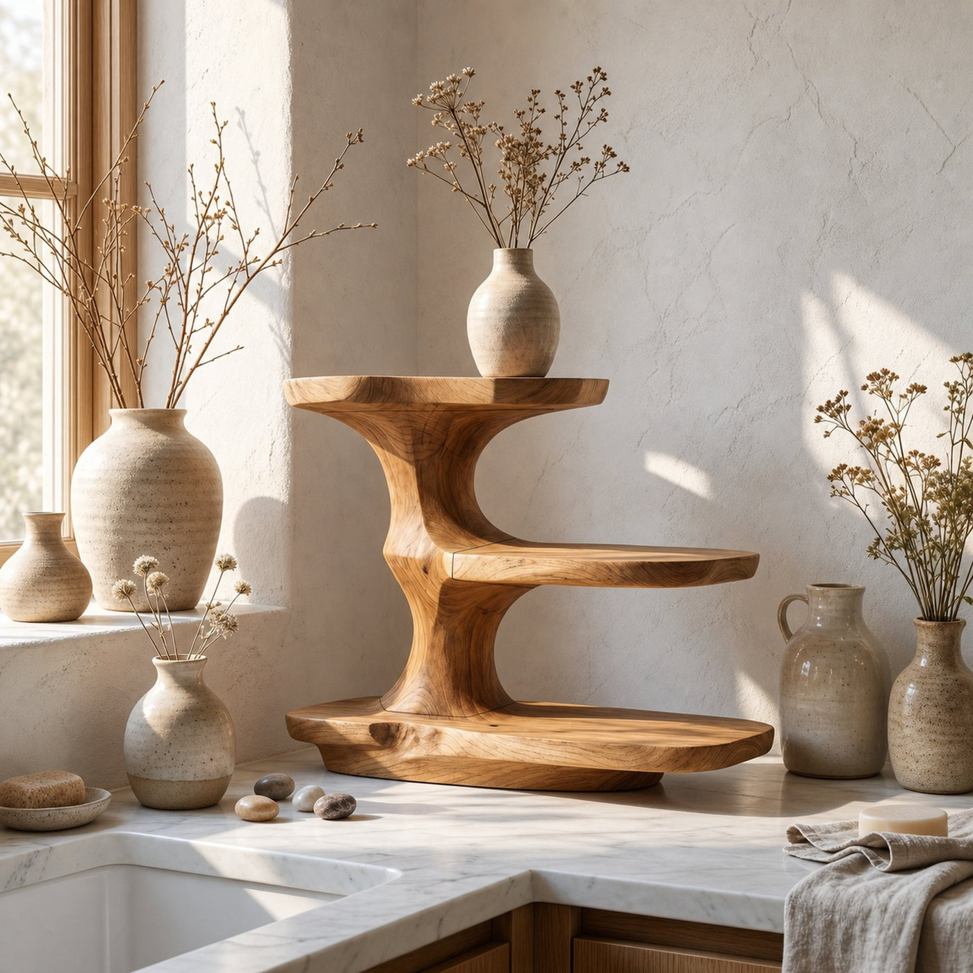 Minimalist Bathroom Shelf With Curved Wooden Storage