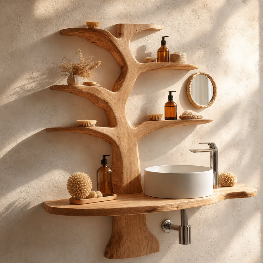 Rustic Wall Mounted Tree Shelf Bathroom Or Powder Space