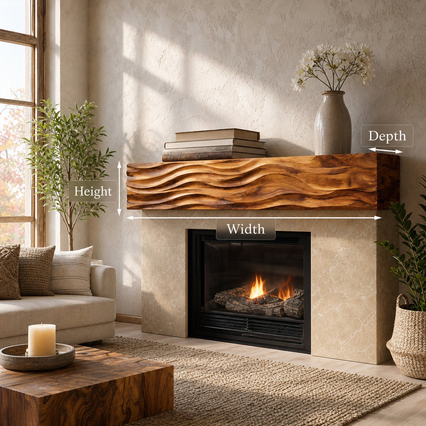 Rustic Wooden Fireplace Shelf With Wave Carved For Living Room - product view 9