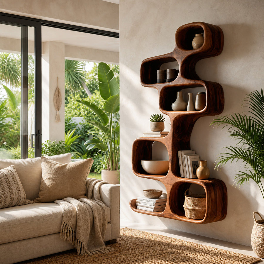 Abstract Wooden Wall Shelf For Living Room