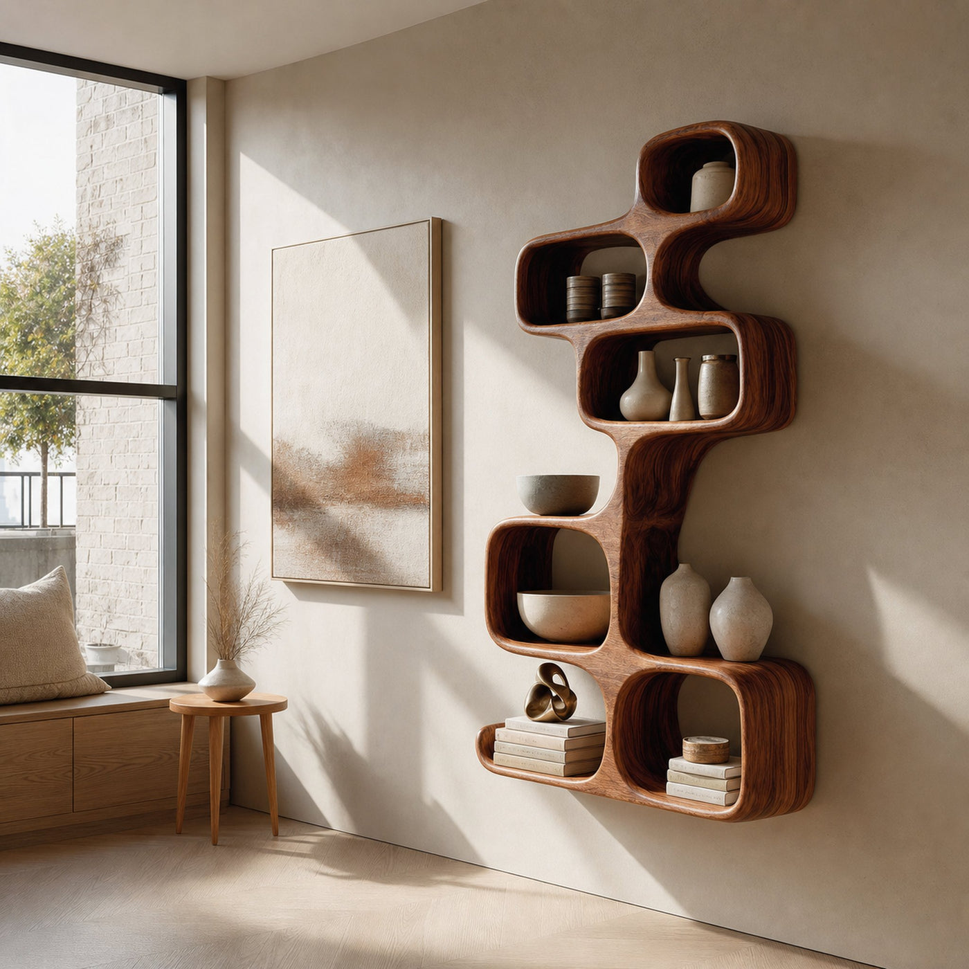 Abstract Wooden Wall Shelf For Living Room - product view 6