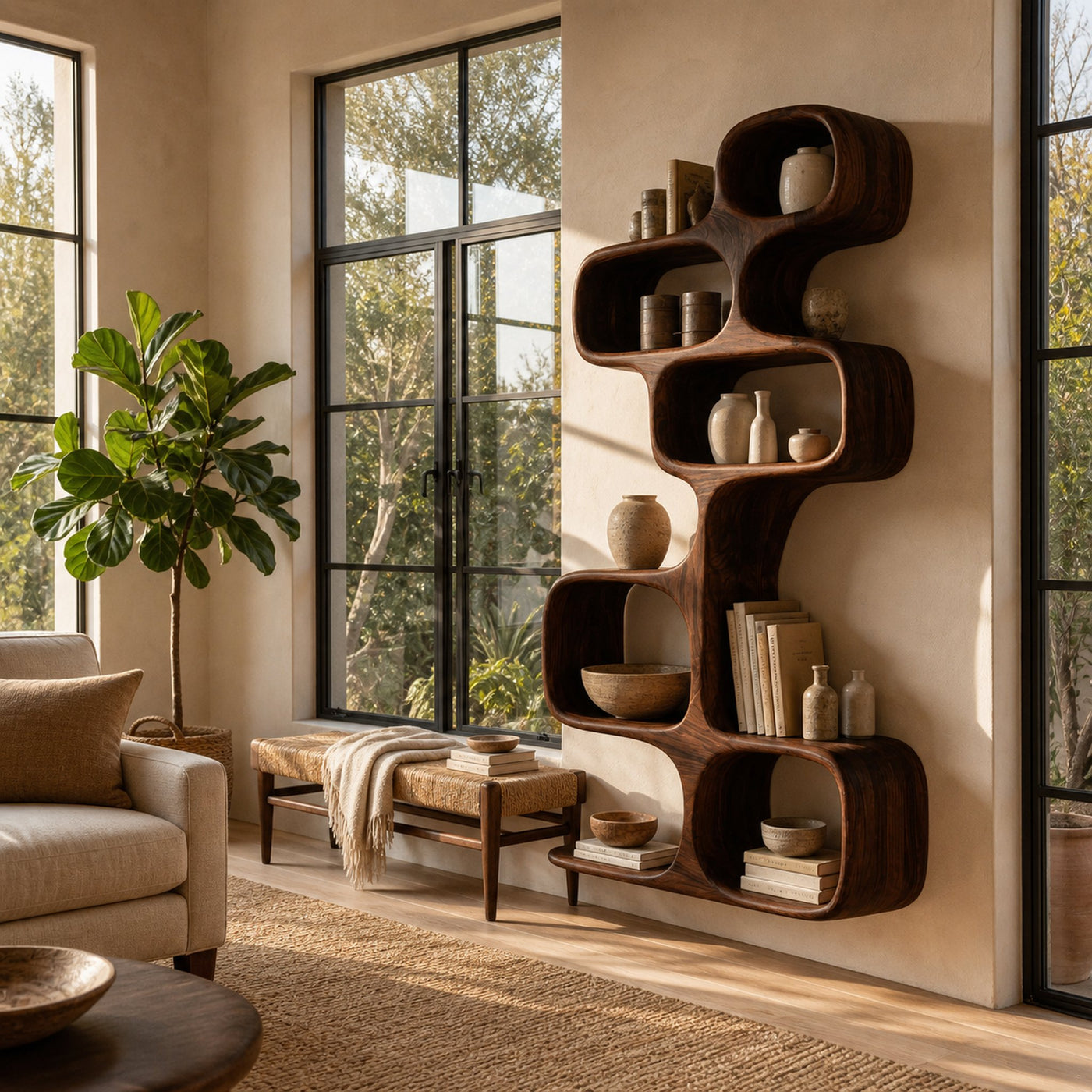 Abstract Wooden Wall Shelf For Living Room - product view 7