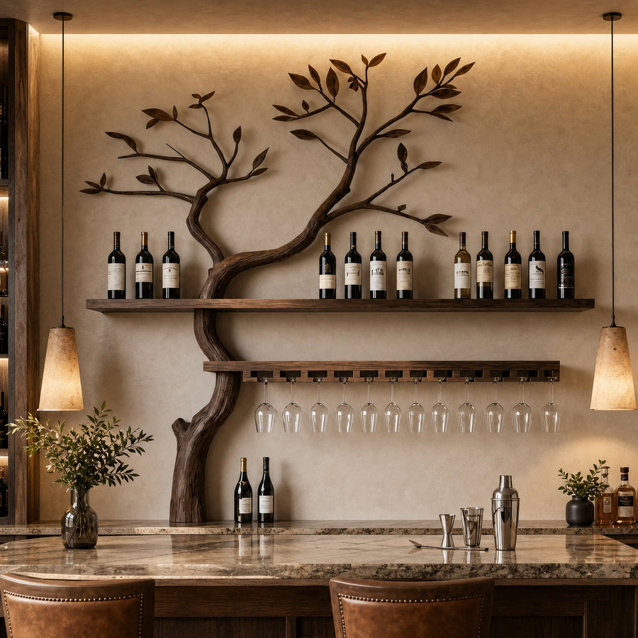 Artistic Tree Shaped Wooden Wall Wine Rack Bar Bottle Display Shelf Restaurant Bar Decor