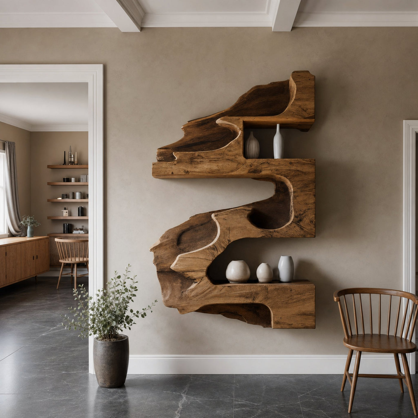 Artistic Wall Shelf With Organic Design For Living Room