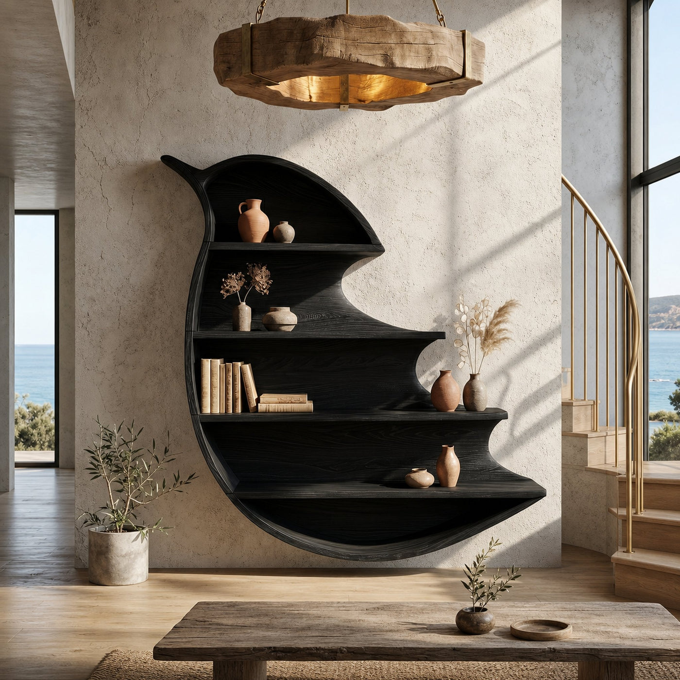 Artistic Wave Bookcase With Wall Mounted Display Storage For Entryway