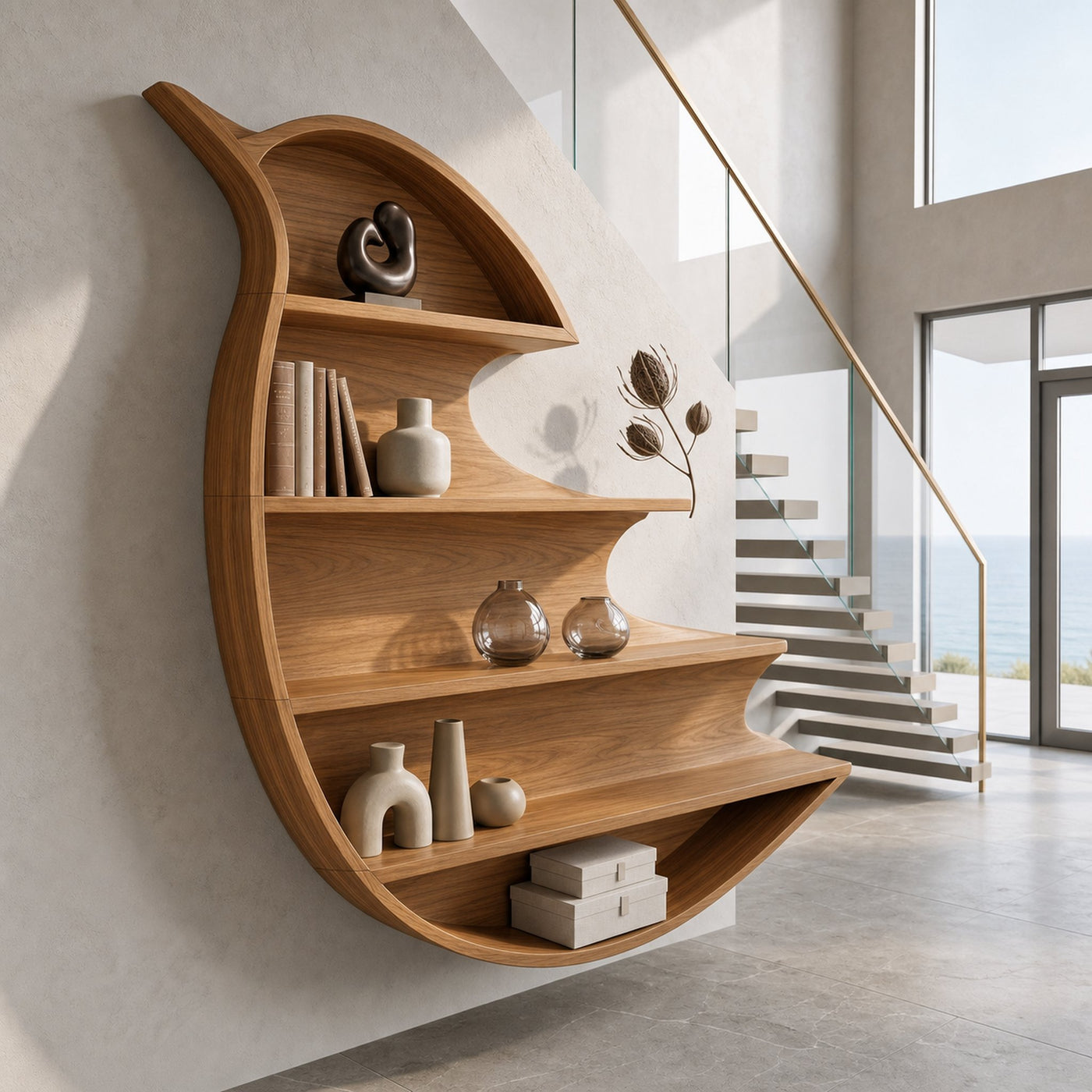 Artistic Wave Bookcase With Wall Mounted Display Storage For Entryway - product view 6