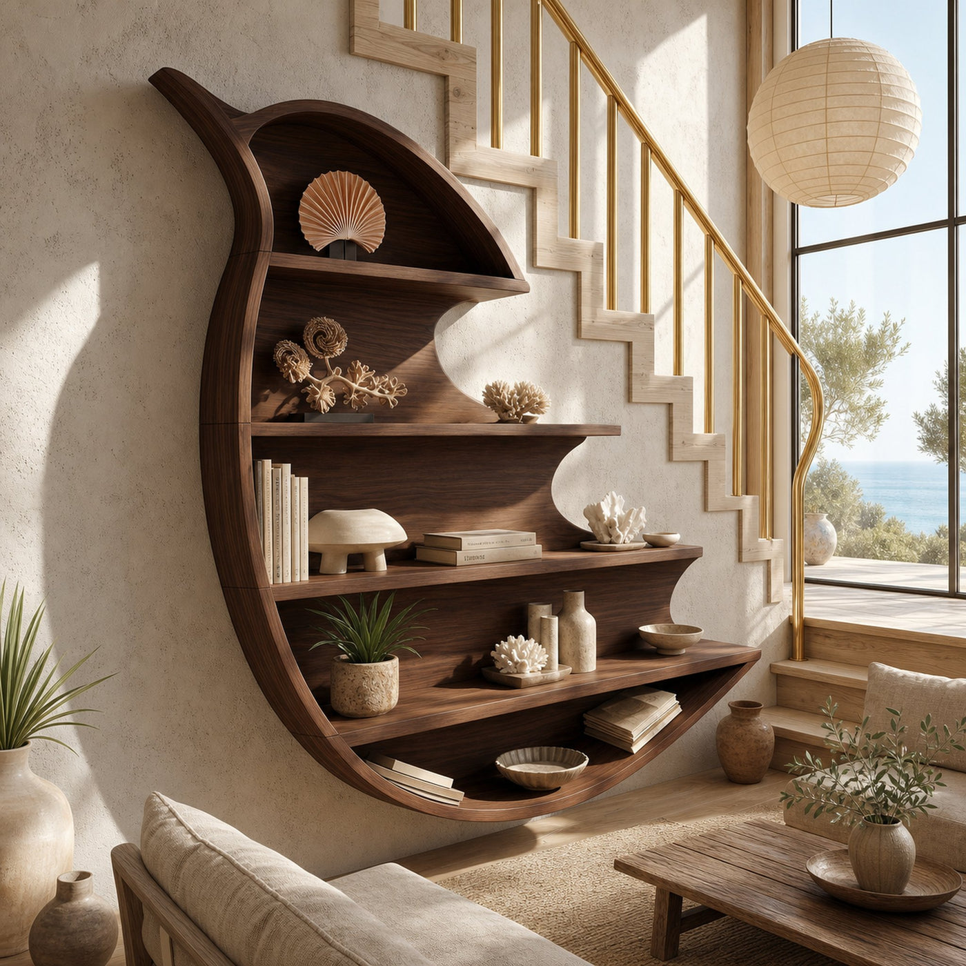 Artistic Wave Bookcase With Wall Mounted Display Storage For Entryway - product view 7