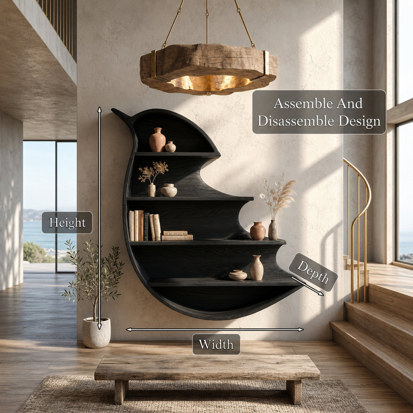 Artistic Wave Bookcase With Wall Mounted Display Storage For Entryway - product view 8
