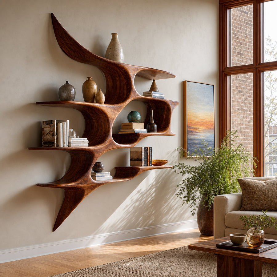 Artistic Wooden Wall Shelf For Living Room Decor