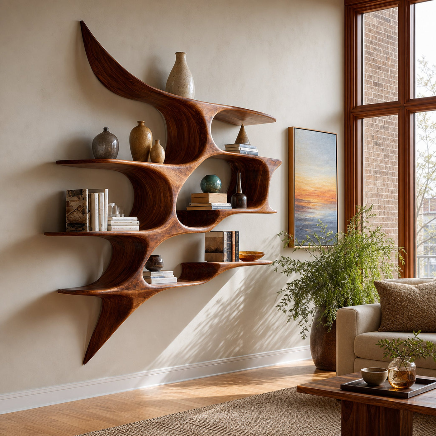 Artistic Wooden Wall Shelf For Living Room Decor