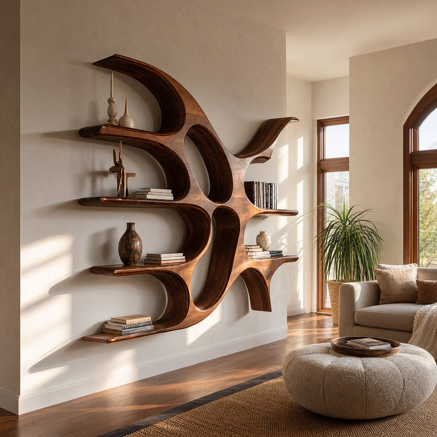 Artistic Wooden Wall Shelf With Unique Design For Living Room
