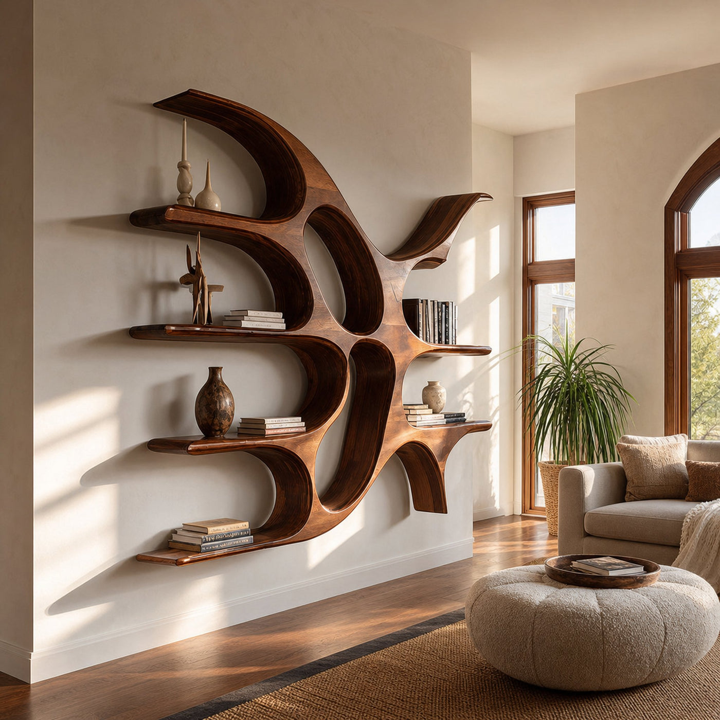 Artistic Wooden Wall Shelf With Unique Design For Living Room