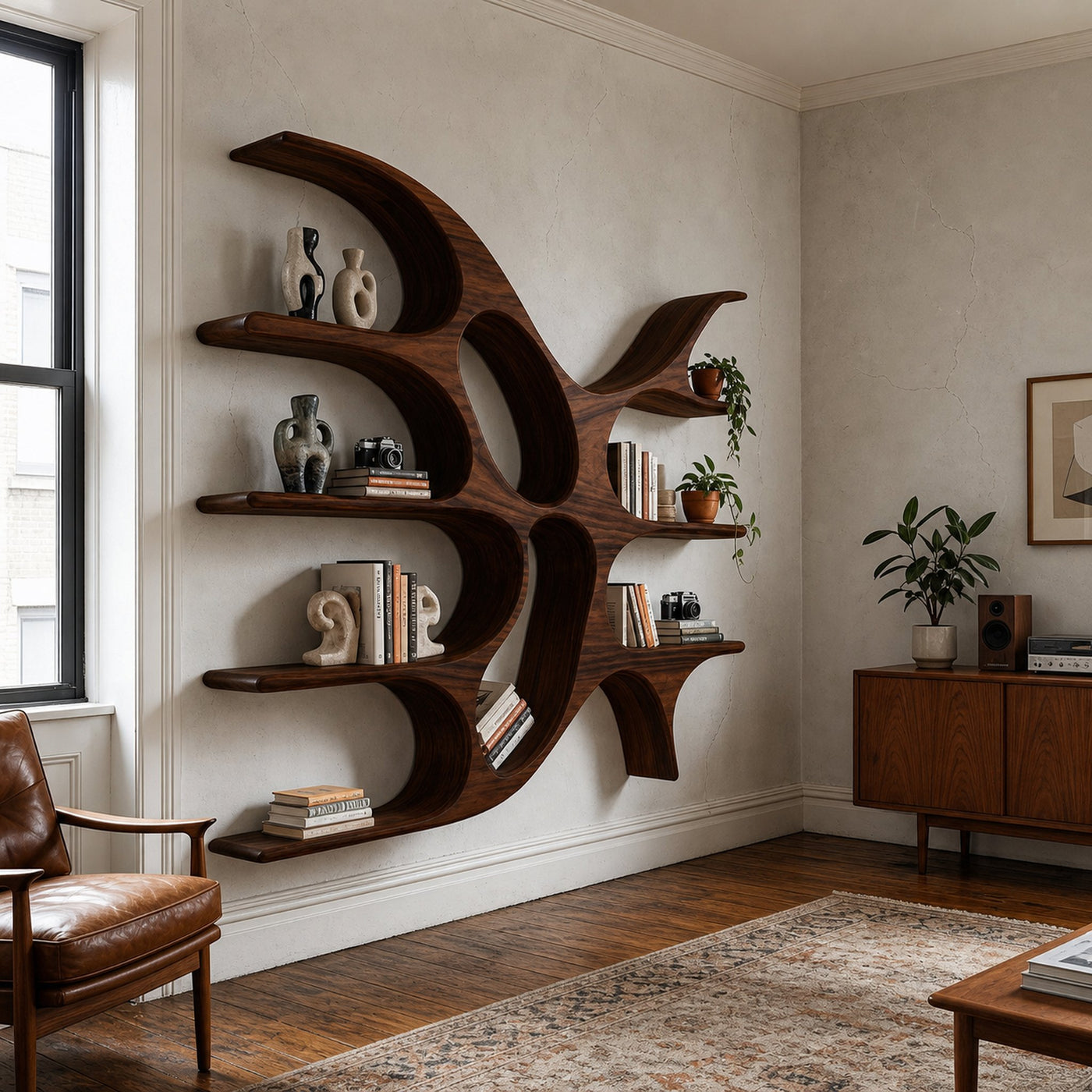 Artistic Wooden Wall Shelf With Unique Design For Living Room - product view 6