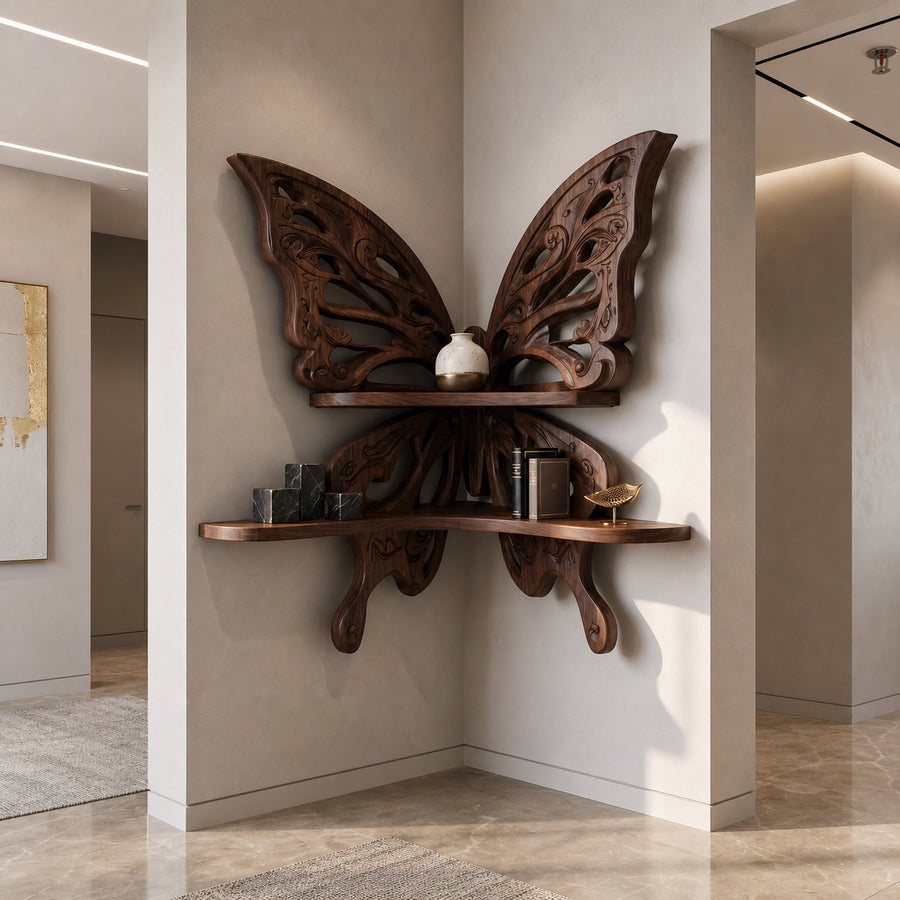 Butterfly Inspired Floating Shelf With Sculptural Live Edge Wood Design For Living Room