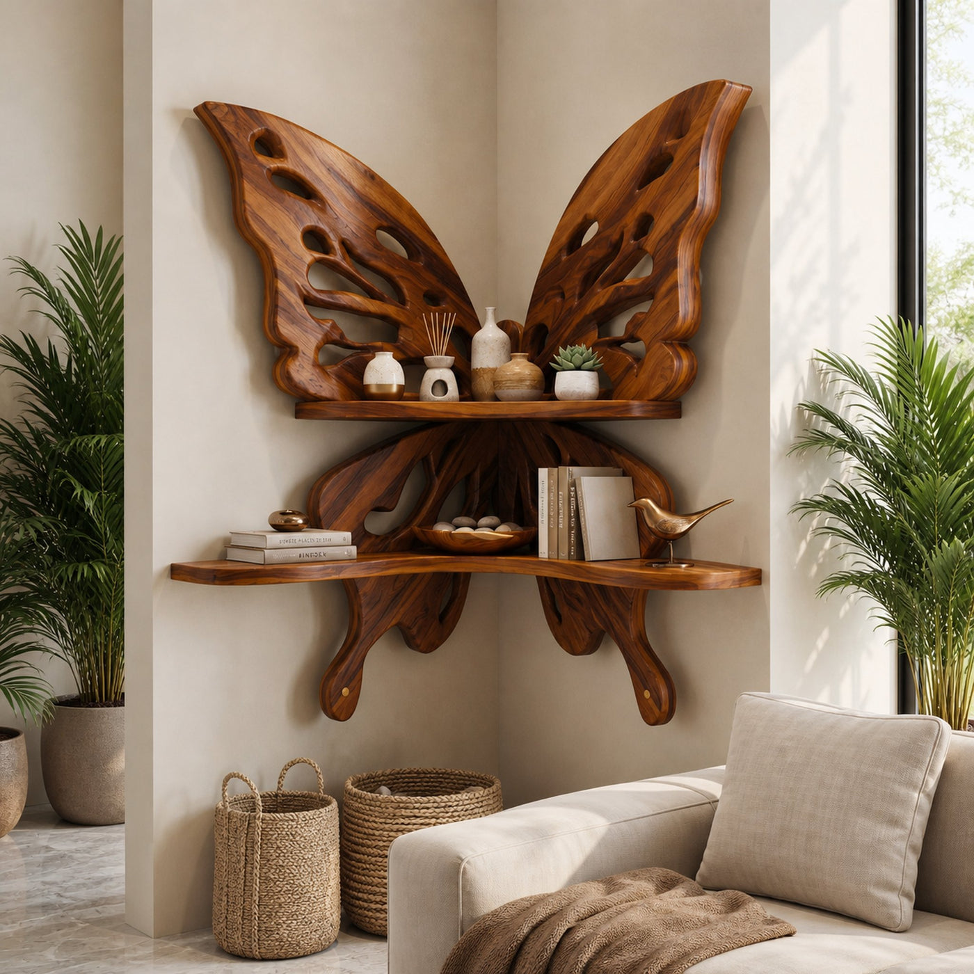 Butterfly Inspired Floating Shelf With Sculptural Live Edge Wood Design For Living Room - product view 6