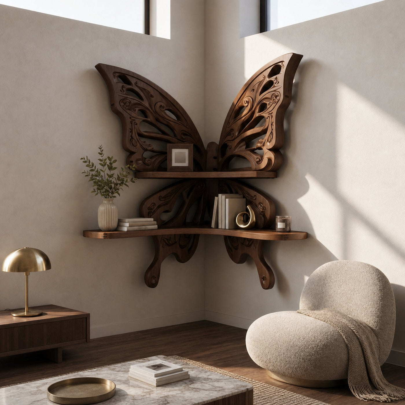 Butterfly Inspired Floating Shelf With Sculptural Live Edge Wood Design For Living Room - product view 7