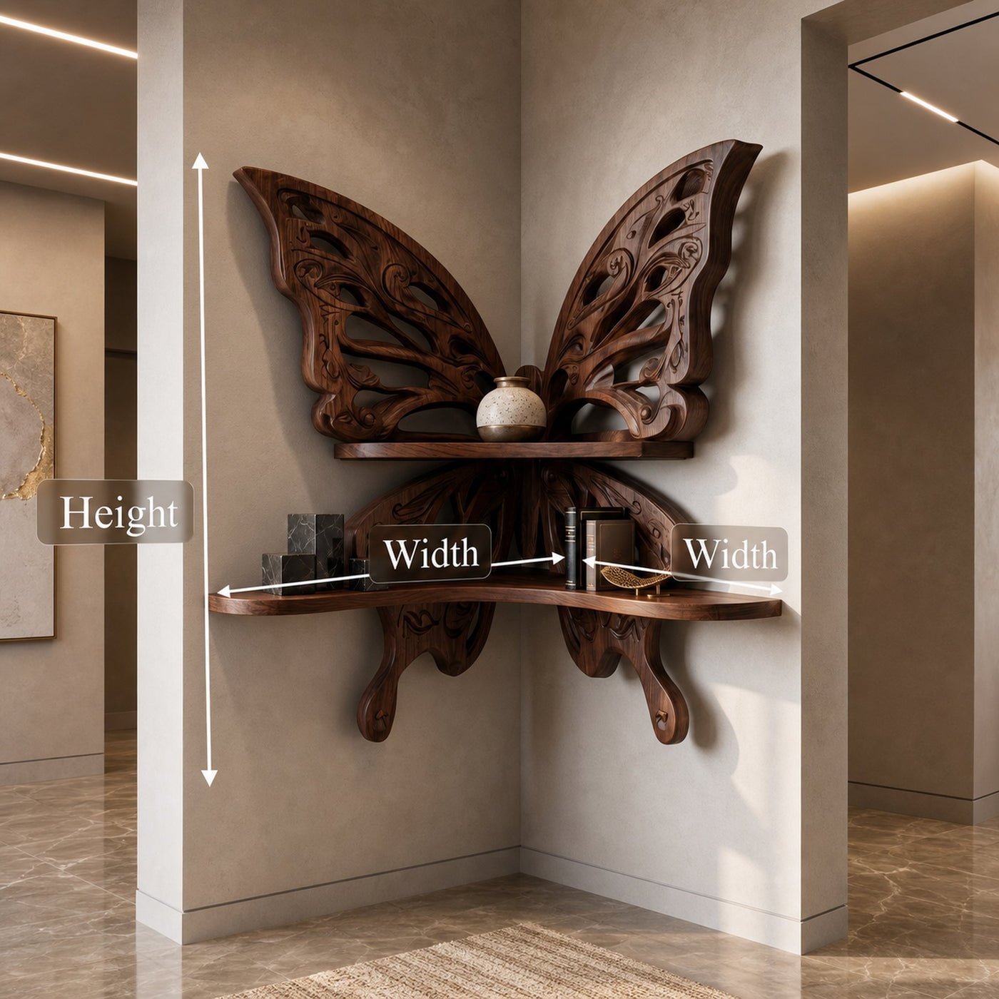 Butterfly Inspired Floating Shelf With Sculptural Live Edge Wood Design For Living Room - product view 8