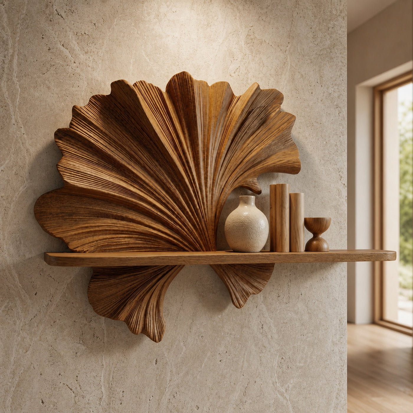 Carved Fan Shape Floating Wall Shelf For Living Room And Bedroom