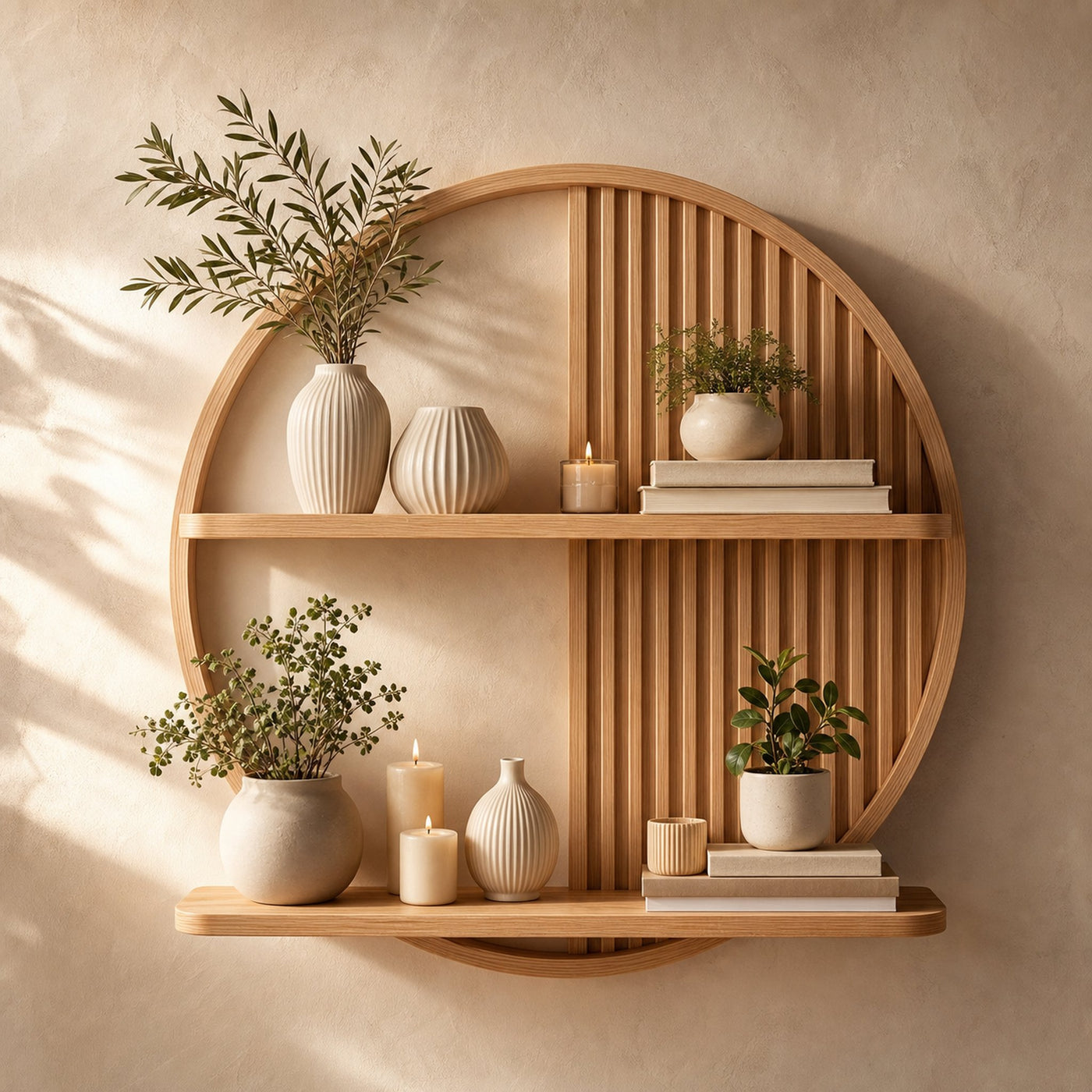 Contemporary Round Solid Wood Wall Shelf Living Room Decor