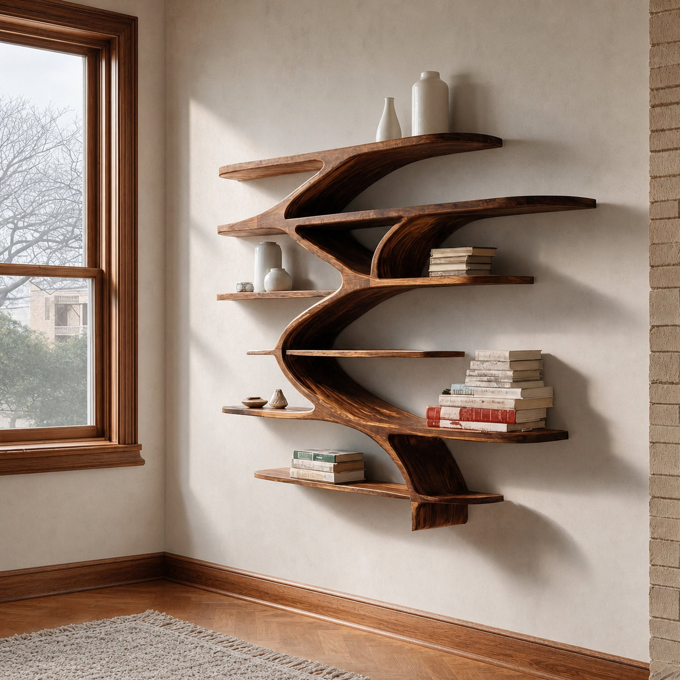 Contemporary Sculptural Natural Wood Wall Shelf For Modern Home