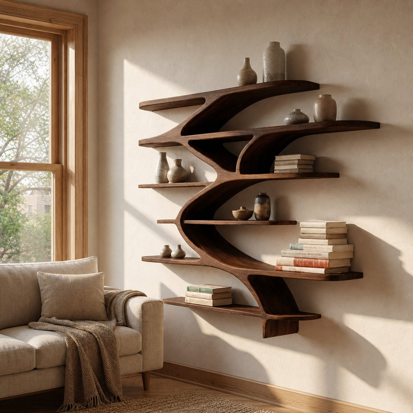 Contemporary Sculptural Natural Wood Wall Shelf For Modern Home - product view 6