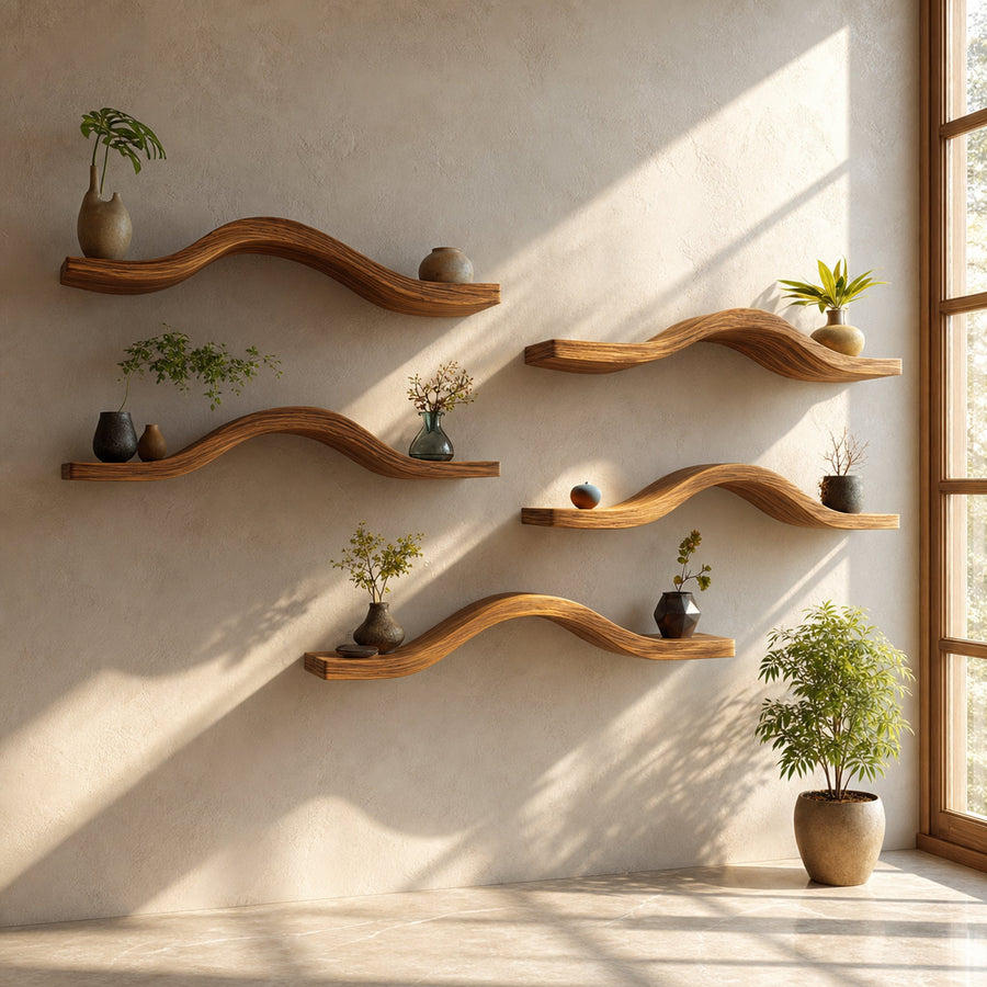 Curved Solid Wood Floating Shelves Organic Modern Living Room Interior