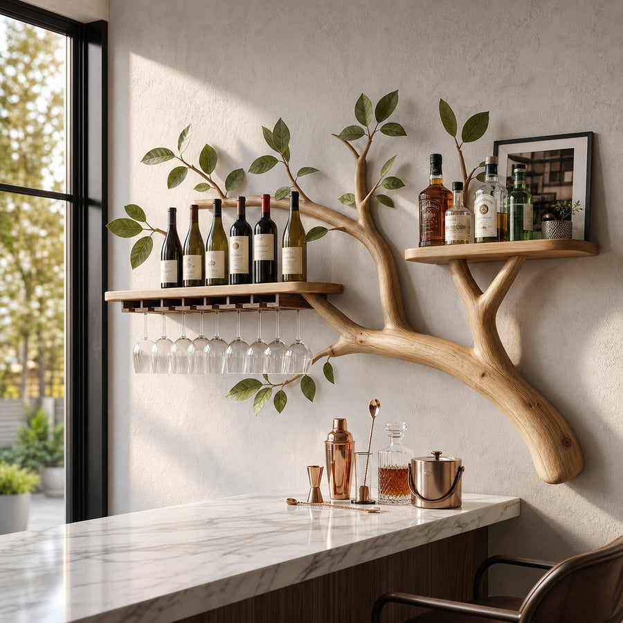 Farmhouse Tree Branch Wine Rack Wooden Wall Mounted Shelf For Kitchen Dining Room Home Bar