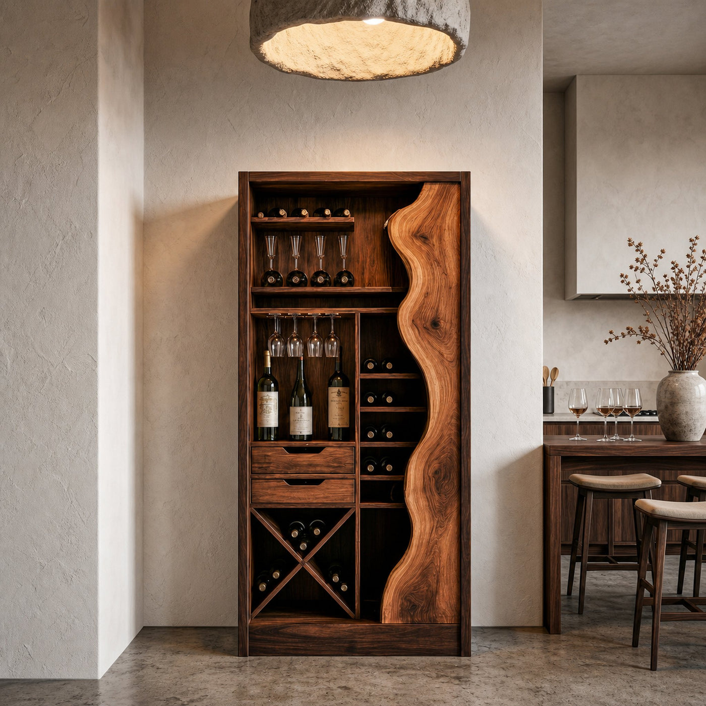 Farmhouse Wine Cabinet With Built In Bottle Storage And Display Niches
