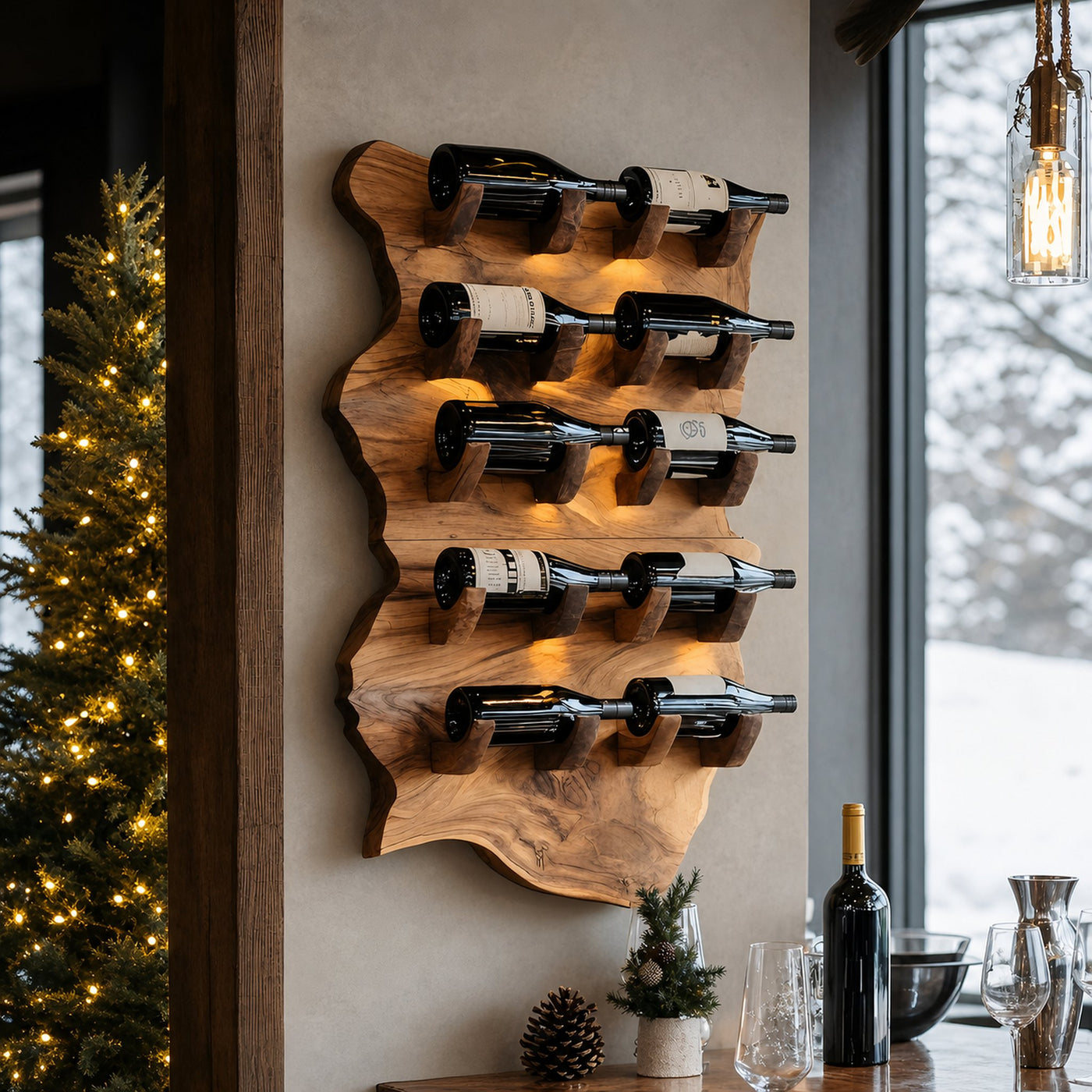 Farmhouse Wooden Live Edge Wine Holder For Furniture Decor