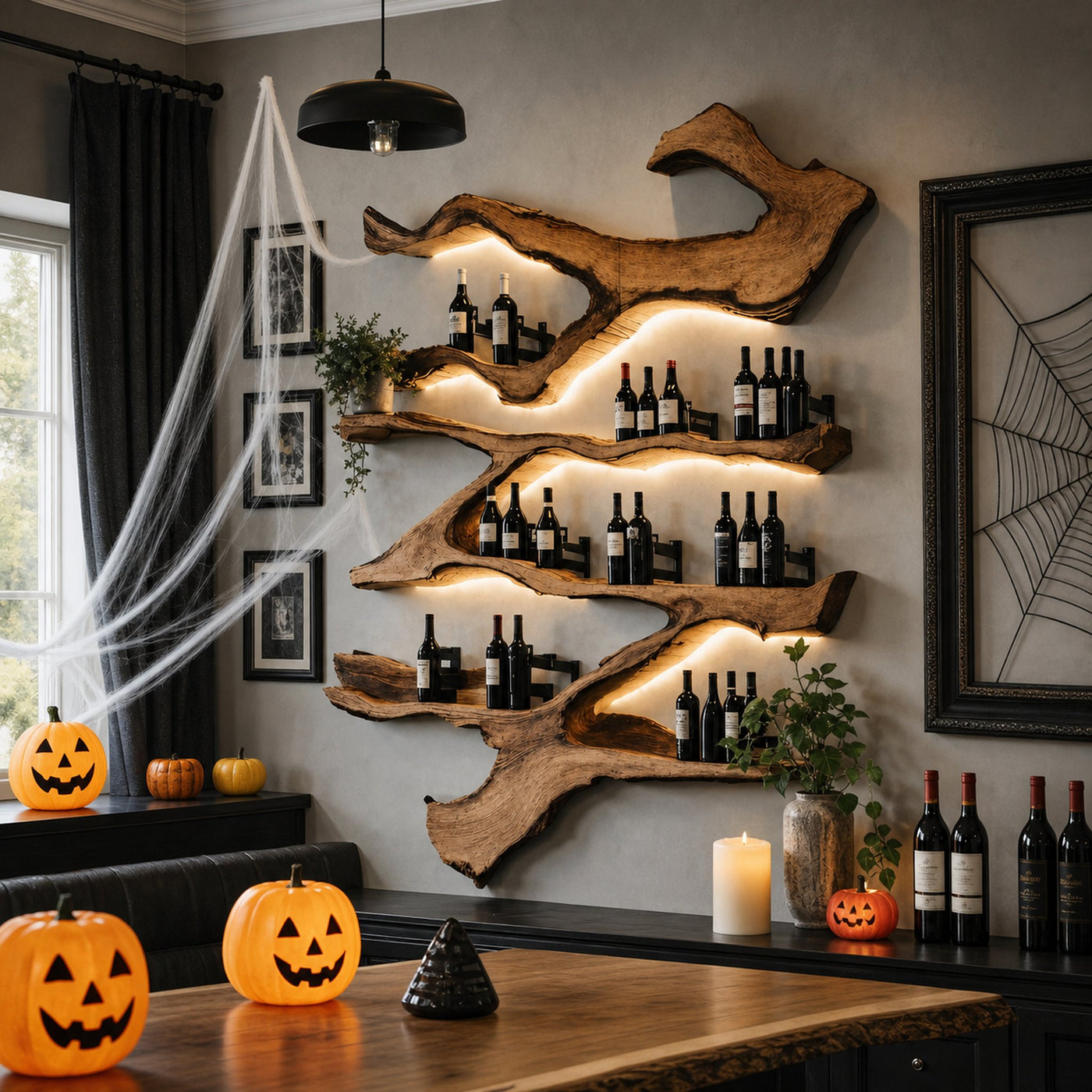 Farmhouse Wooden Live Edge Wine Holder For Kitchen Halloween Decor