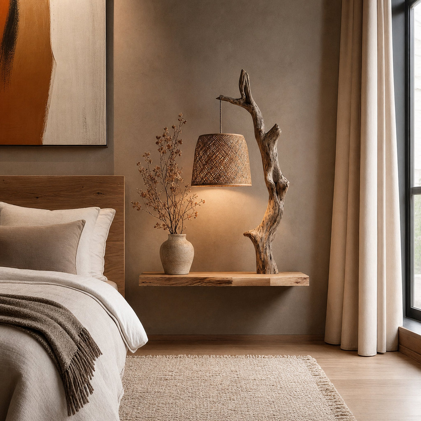Floating Solid Wood Shelf Sculptural Accent Bedroom Interior Decor