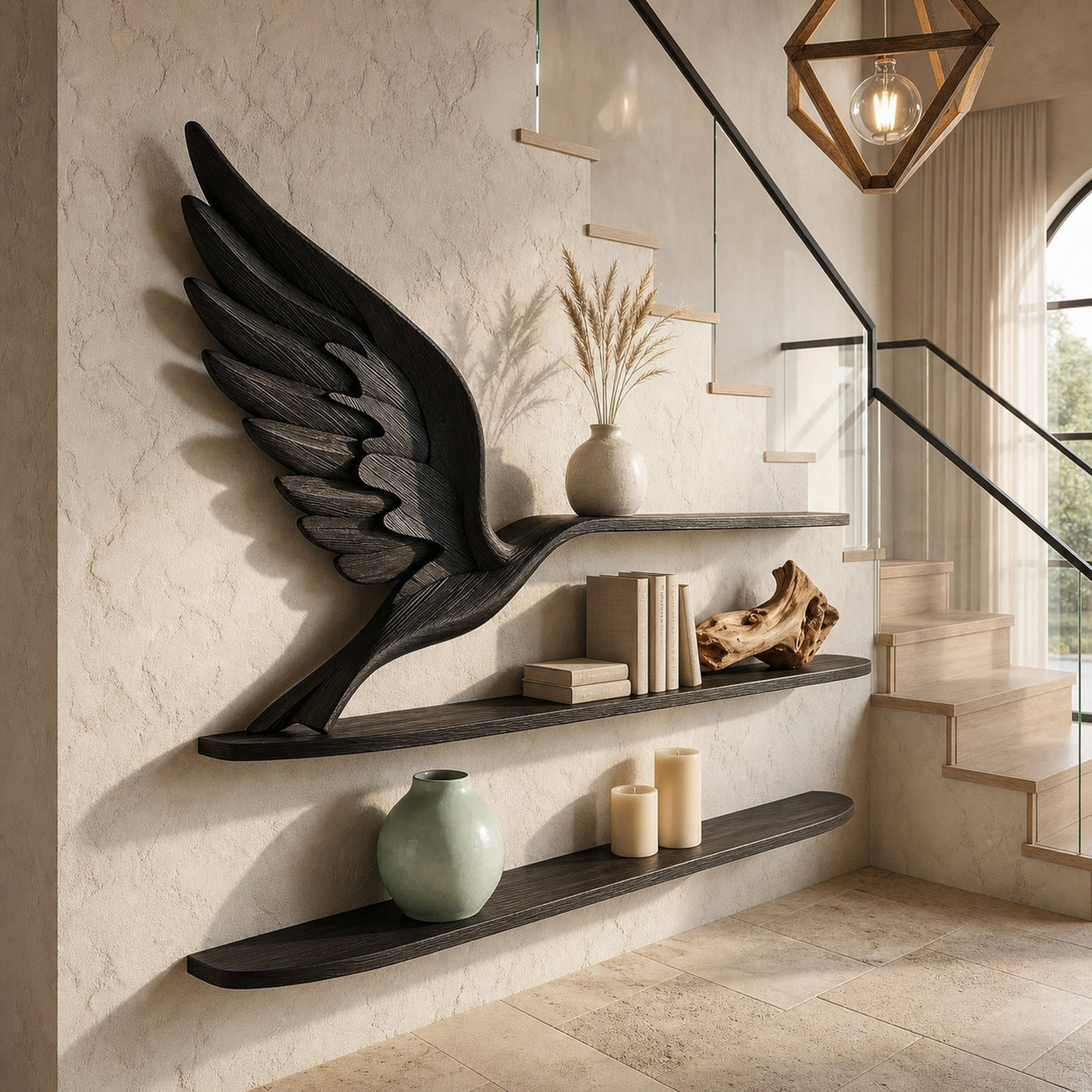 Handcrafted Eagle Wing Floating Shelf With Wooden Display Shelves For Living Room