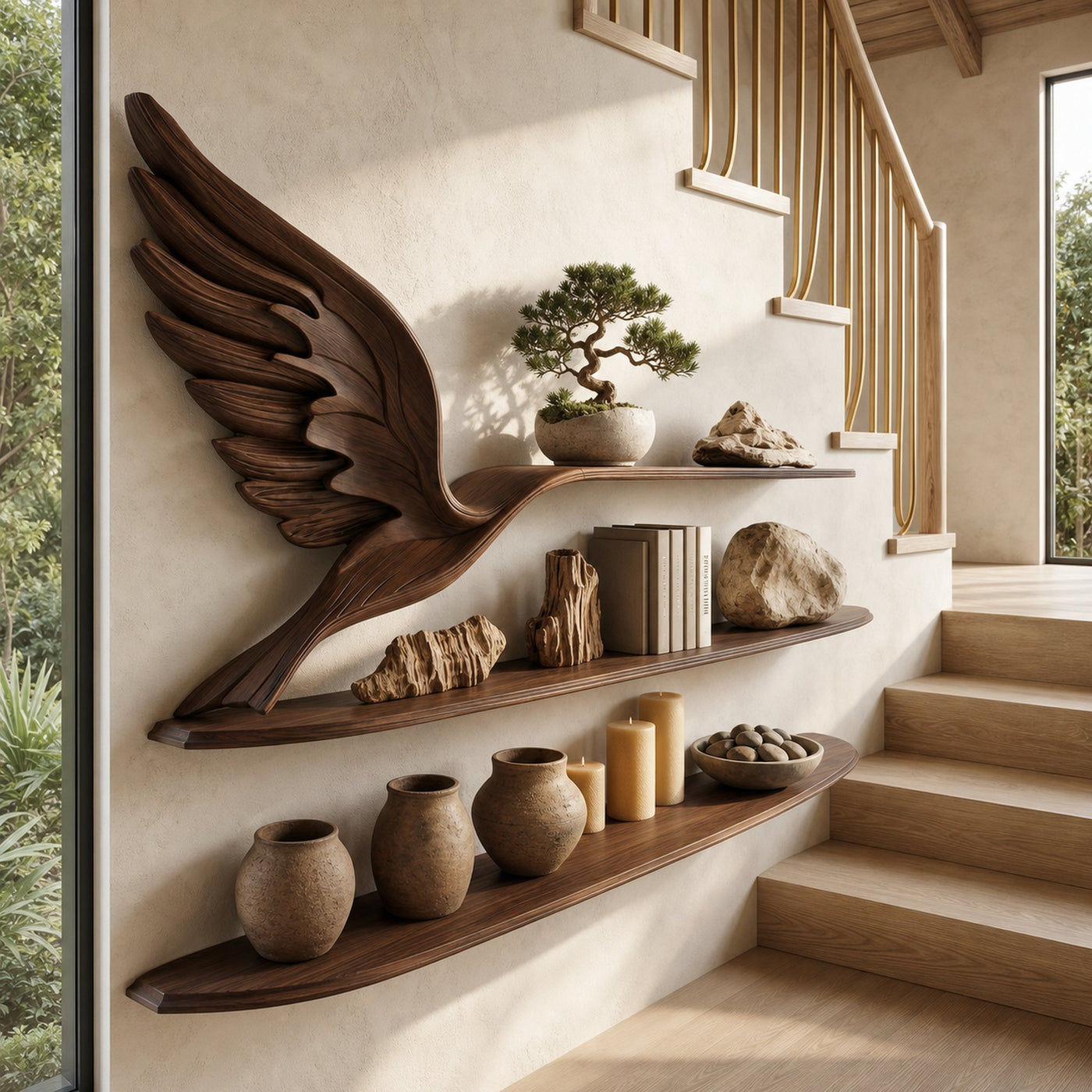 Handcrafted Eagle Wing Floating Shelf With Wooden Display Shelves For Living Room - product view 7