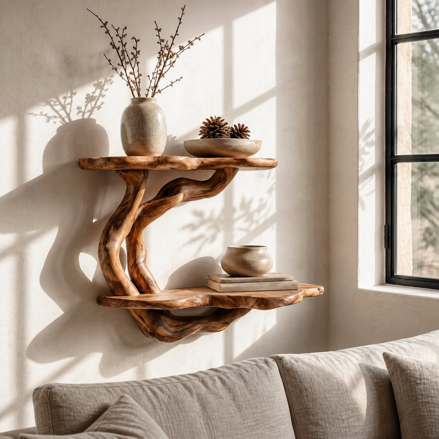 Handcrafted Floating Shelf With Sculptural Tree Form For Living Room Decor