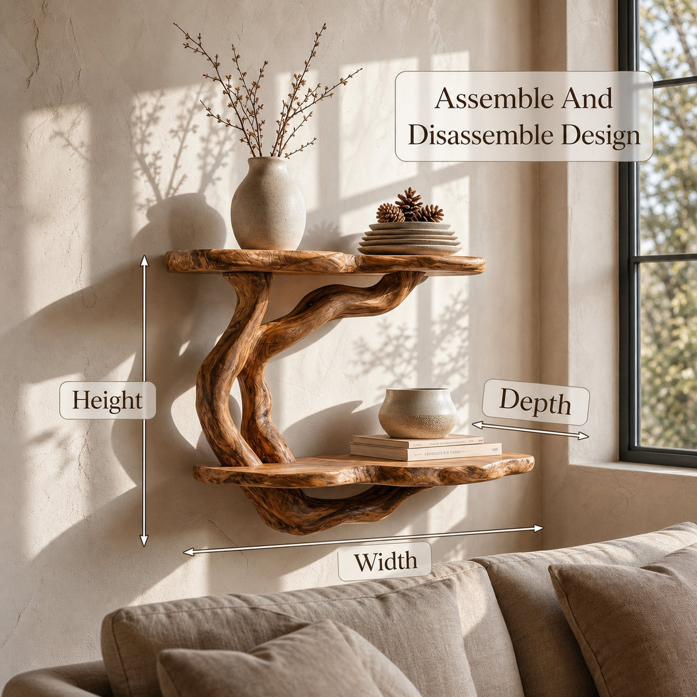 Handcrafted Floating Shelf With Sculptural Tree Form For Living Room Decor - product view 8