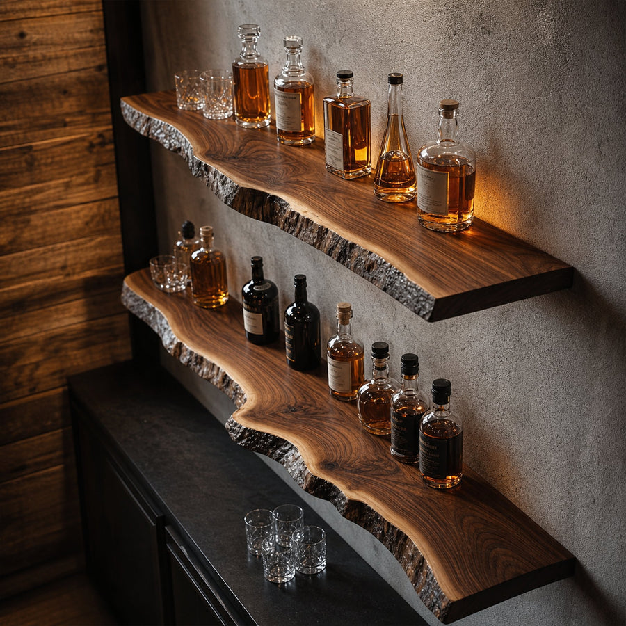 Handcrafted Live Edge Bar Shelf Solid Wood Dining Room Interior Storage