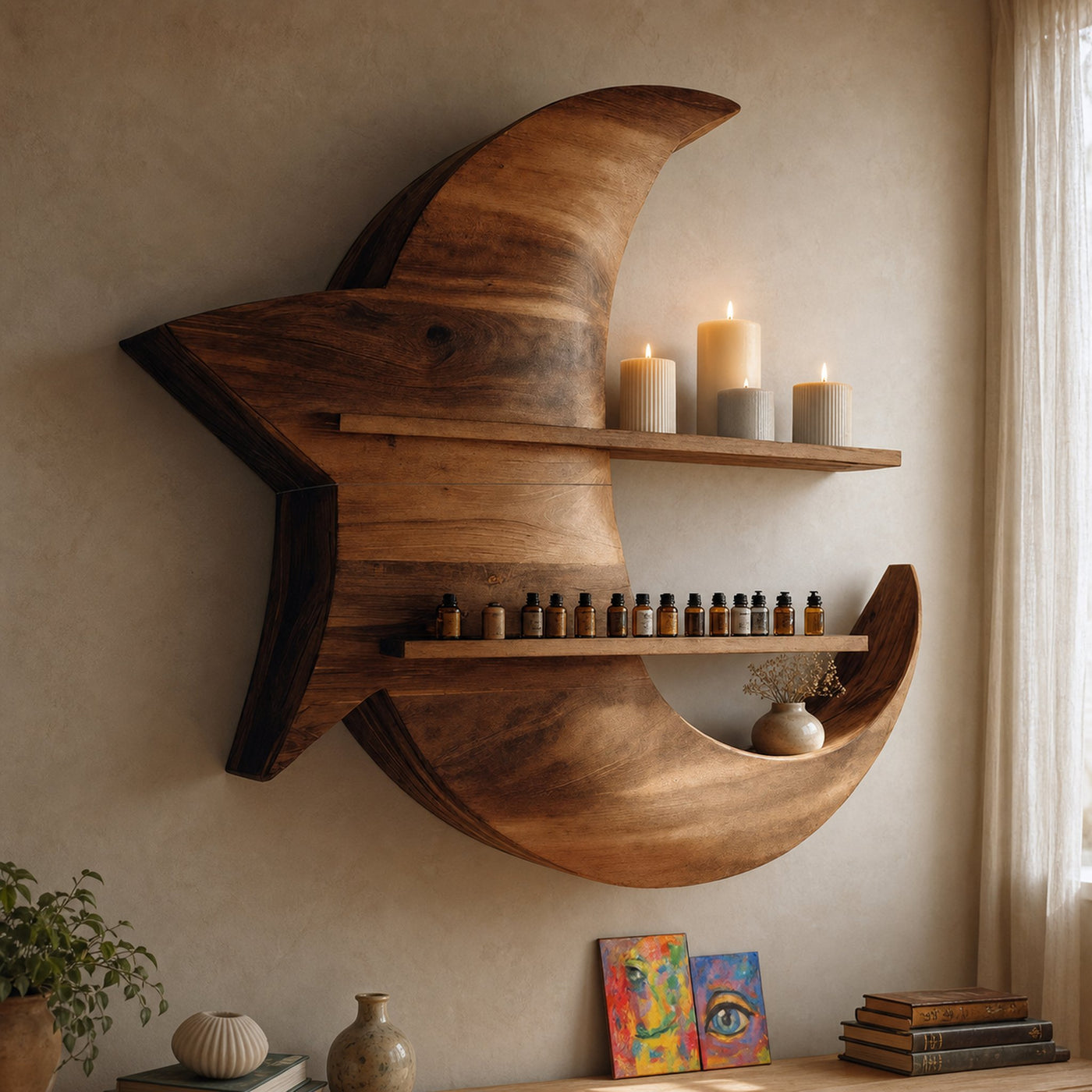 Handcrafted Moon And Star Wooden Shelf For Bedroom Decor