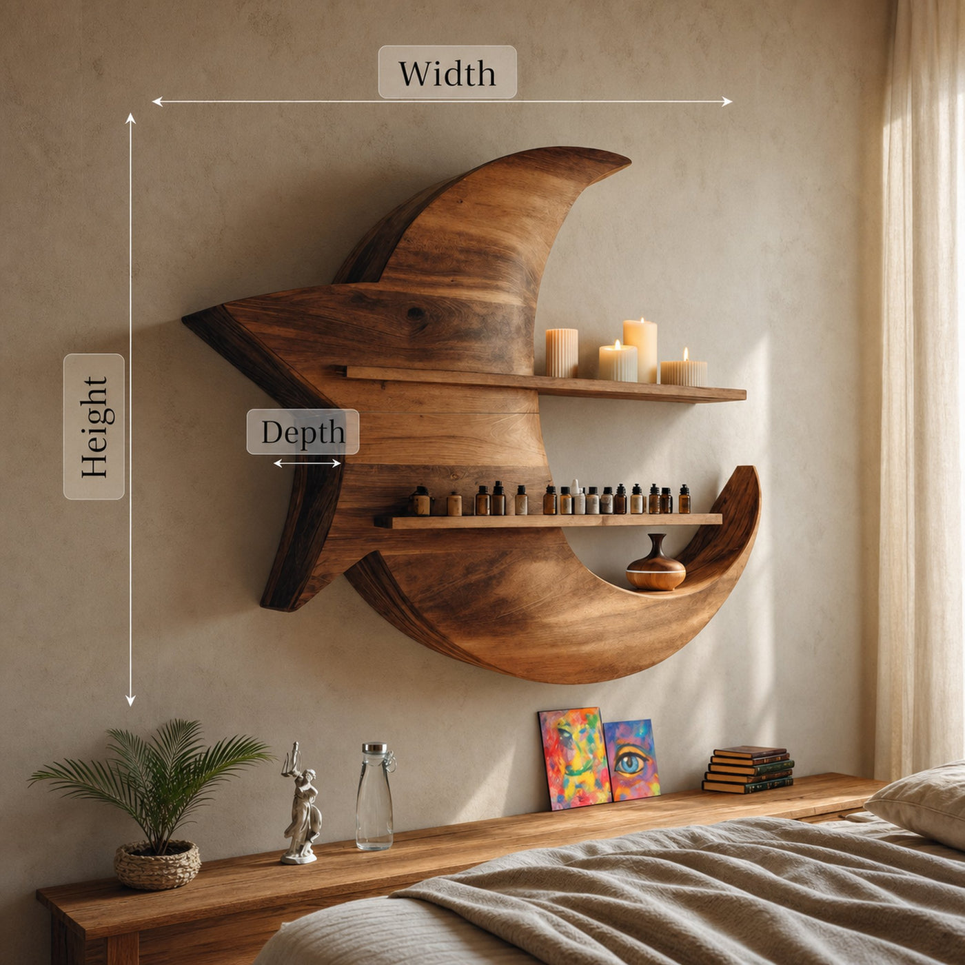 Handcrafted Moon And Star Wooden Shelf For Bedroom Decor - product view 7
