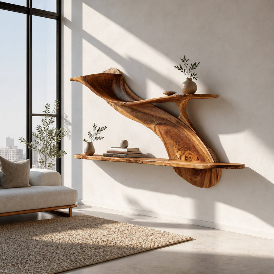 Handcrafted Natural Wood Shelving Unit For Home Library Storage