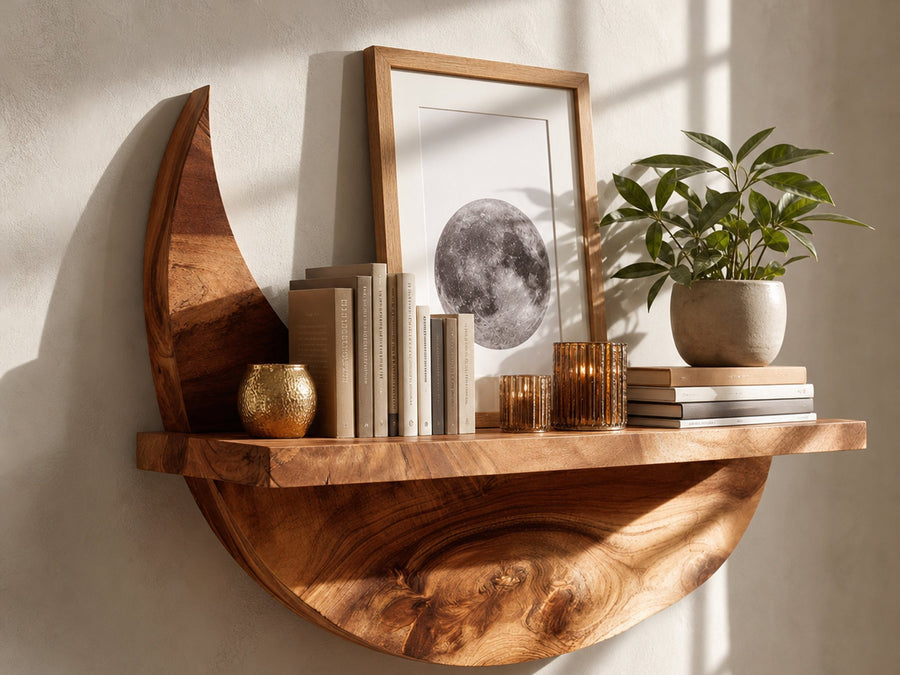 Moonwell Dawn Solid Wood Wall Shelf with Crescent Shape