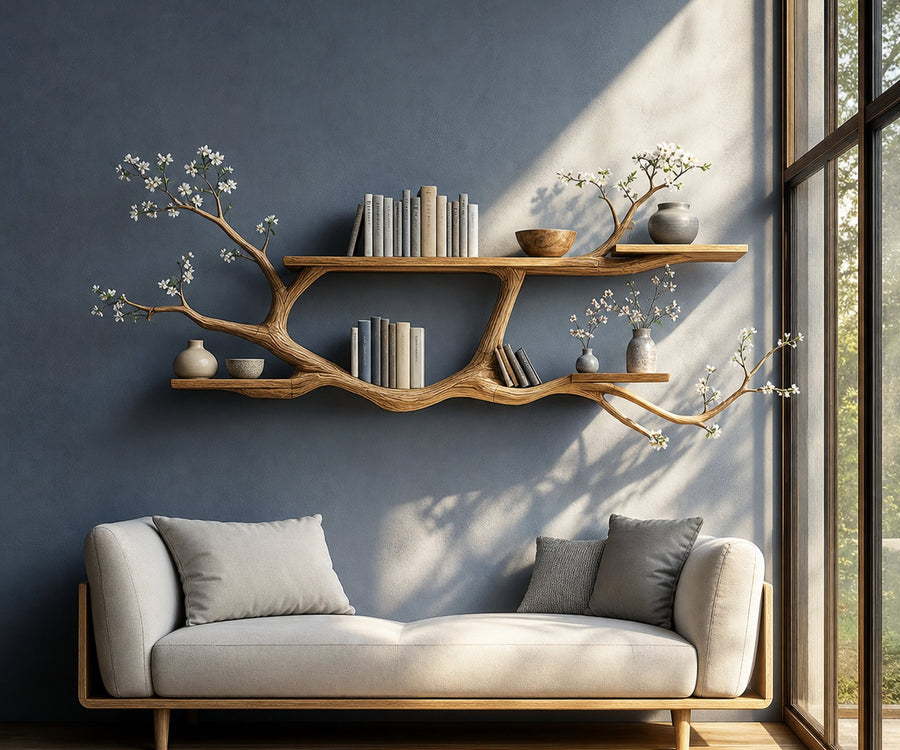 Handcrafted Tree Floating Shelf for Modern Living Room Wall