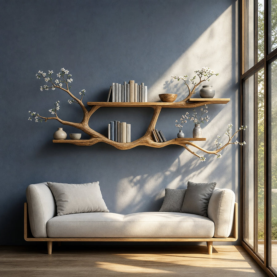 Handcrafted Tree Floating Shelf for Modern Living Room Wall