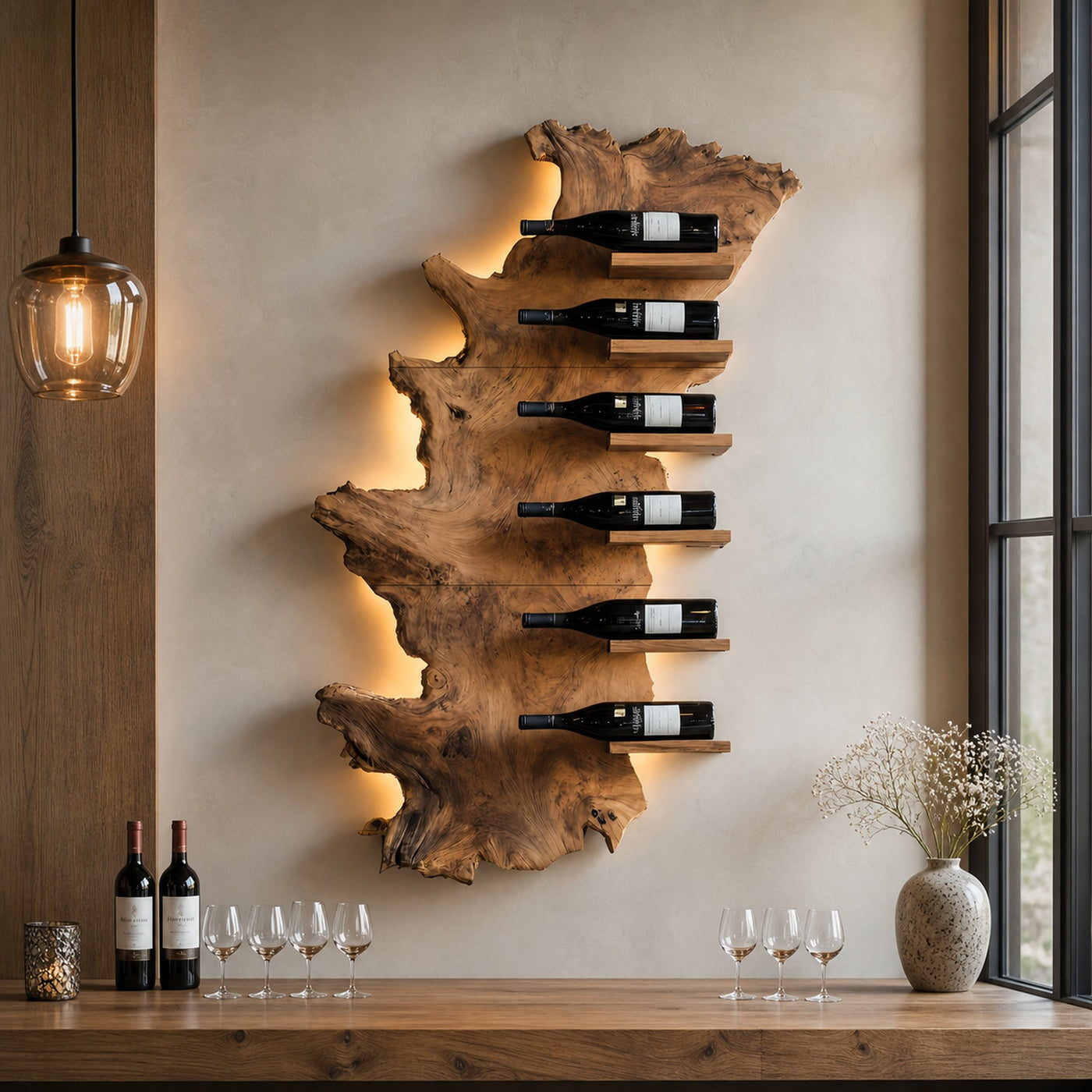 Handcrafted Wooden Live Edge Wine Holder For Bar Display Art