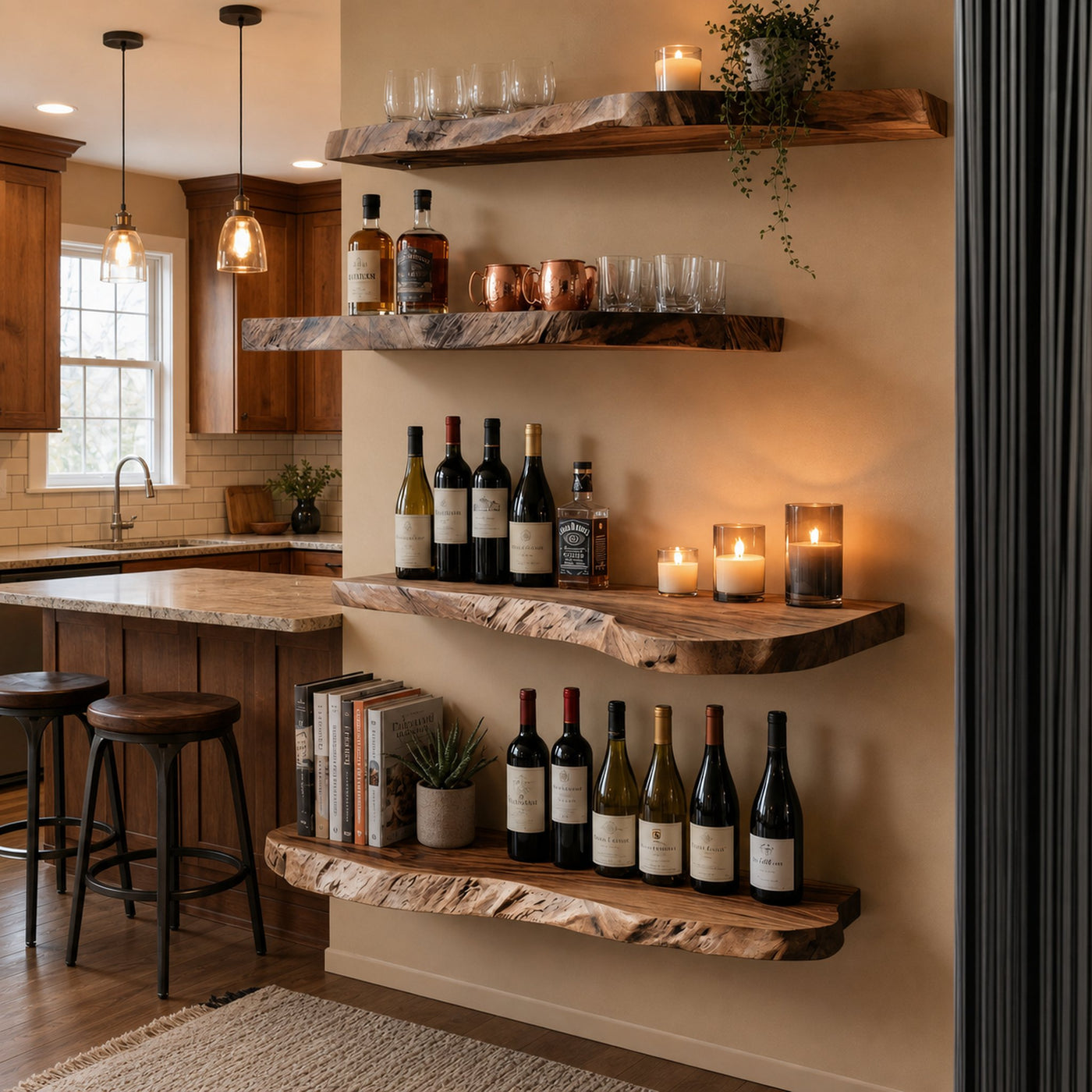 Industrial Rustic Floating Wine Display Shelves Solid Wood Wall Rack