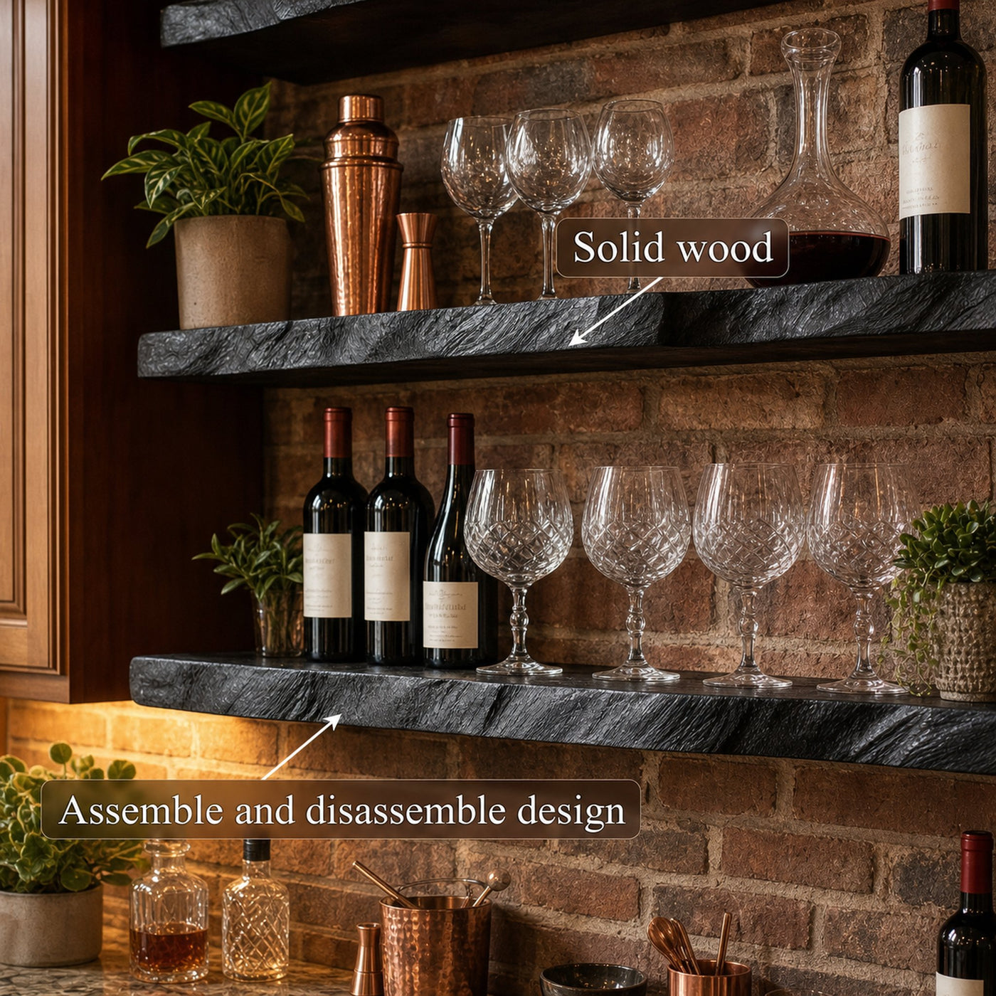 Industrial Solid Wood Floating Bar Shelves Wall Mounted Display Rack - product view 6