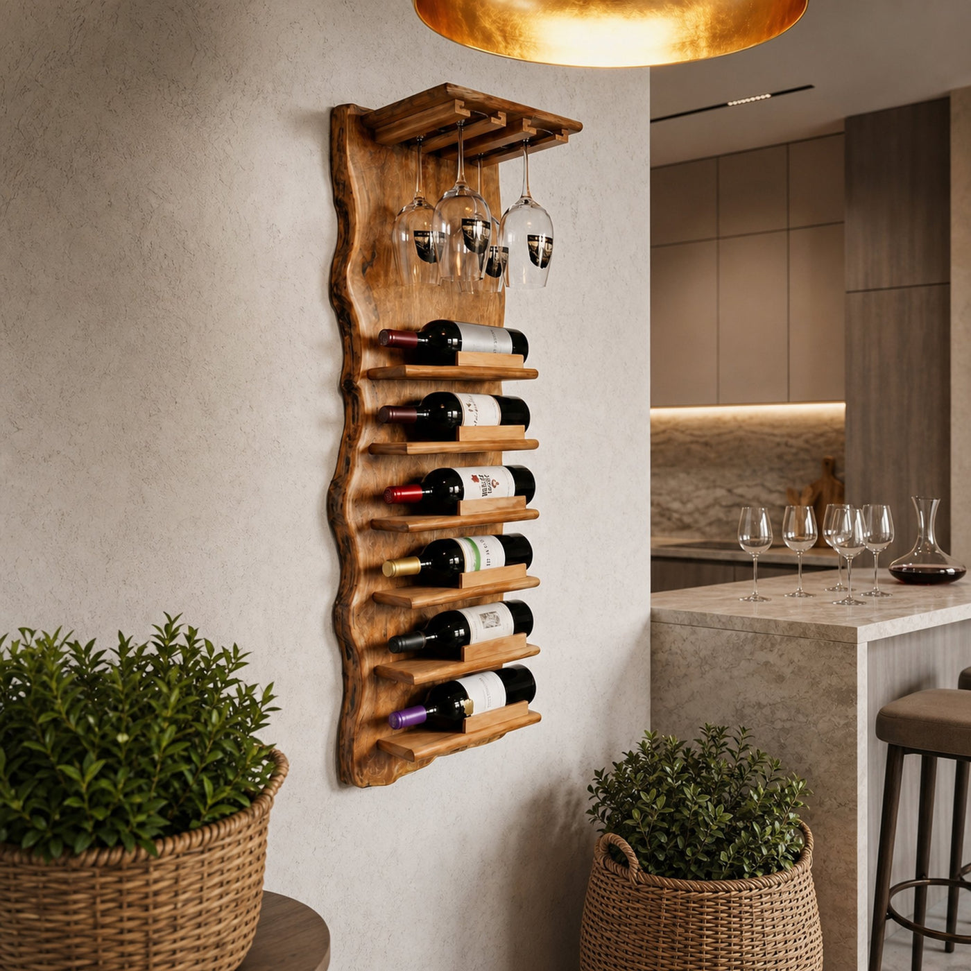 Live Edge Wall Mounted Wine Rack With Glass Holder And Vertical Bottle Storage For Kitchen And Dining Room